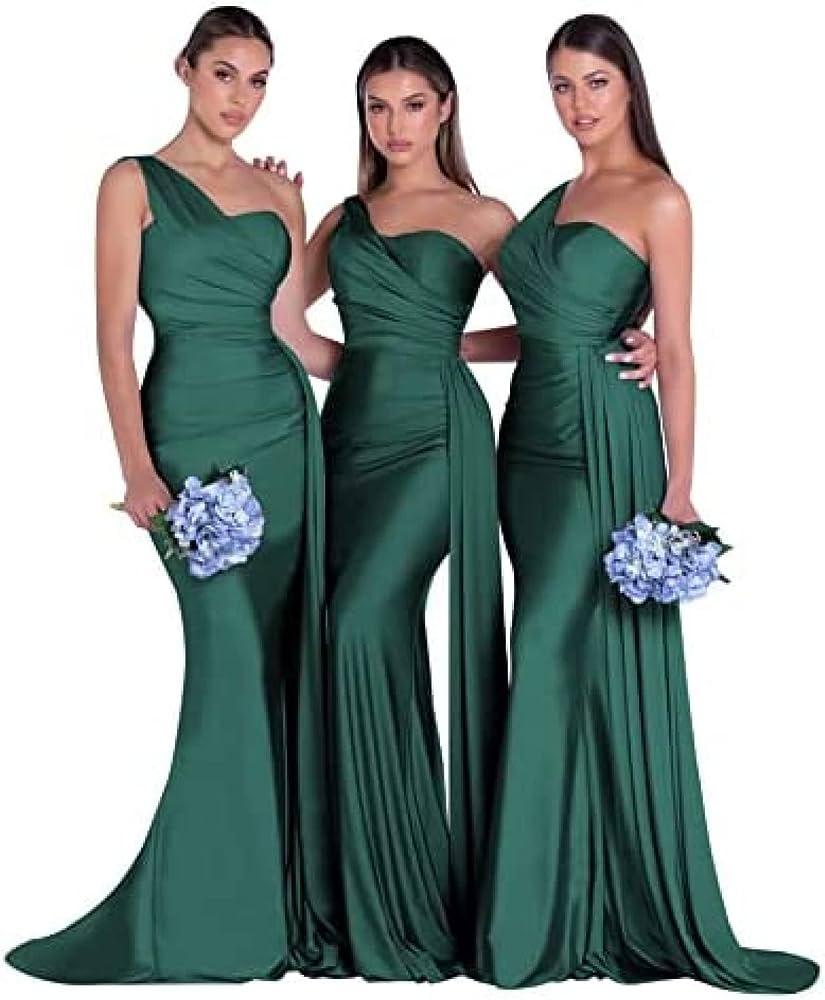 Pink One Shoulder Mermaid Satin Bridesmaid Dresses