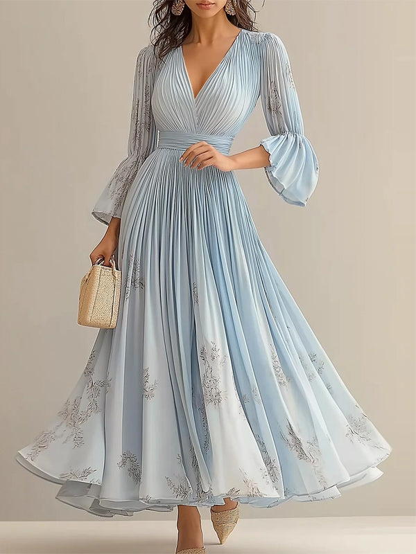 Elegant Floral Bell Sleeve Printing Maxi Dress