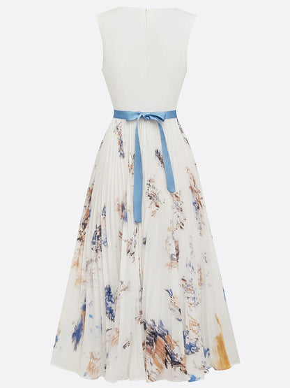 White Pleated Printing Chiffon V Neck Sleeveless A-Line Maxi Dress