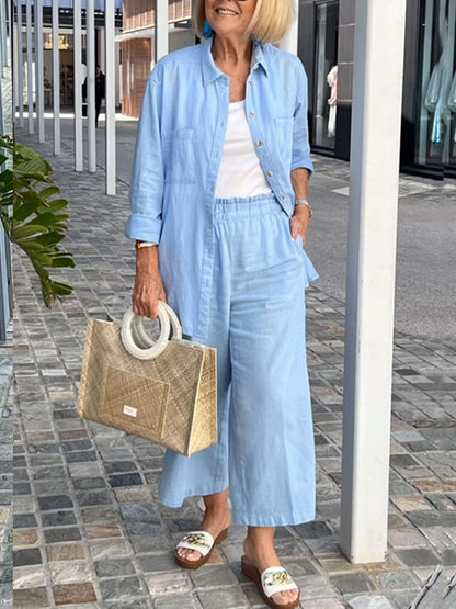 Solid Color Cotton Linen Shirt Women's Sets