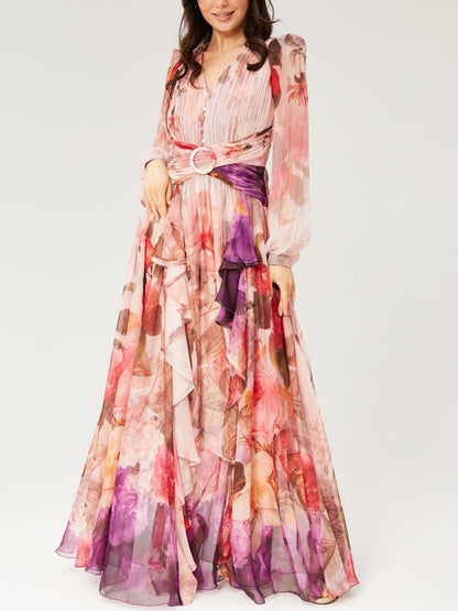 V-neck Colorful Printed Chiffon Maxi Dress