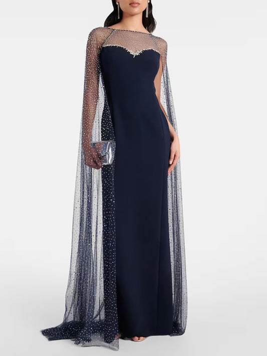 Round Neck Mesh Solid Color Maxi Dress