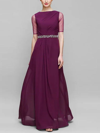 Round Neck Solid Color Chiffon Maxi Dress