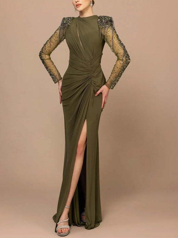 Round Neck Solid Color Sequins Maxi Dress