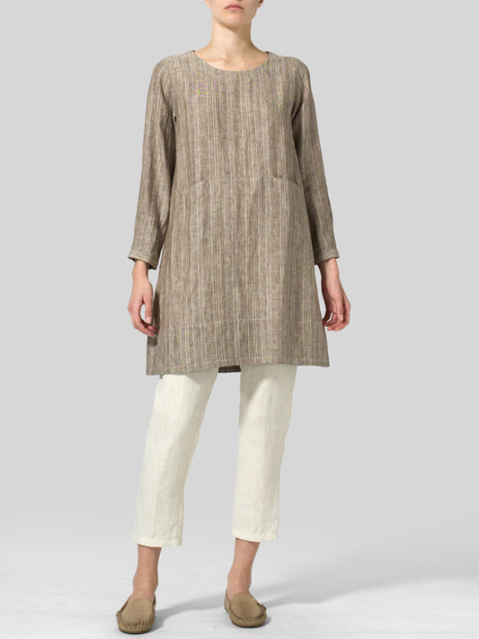 Round Neck Cotton And Linen Top And Trousers Suit