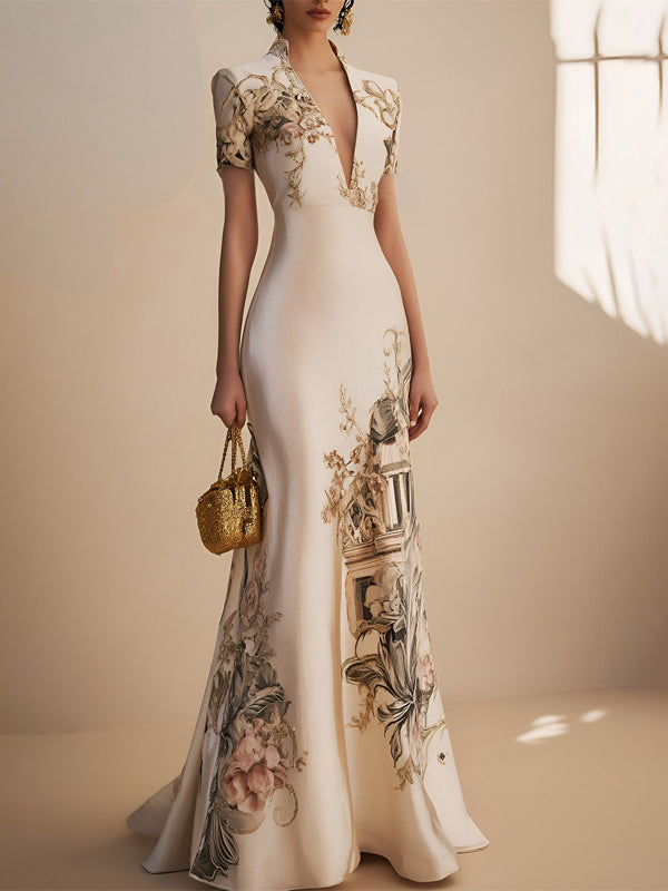 Deep V Print Maxi Dress