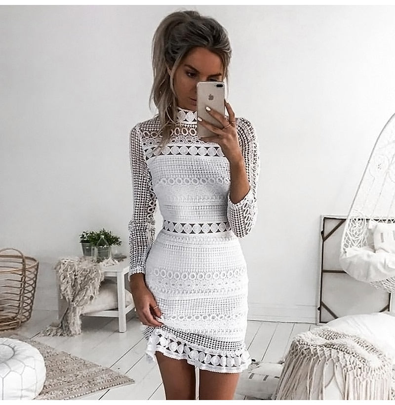 loveedsTM- Sexy White Lace Stitching Hollow Out Party Dresses Elegant Women Short Mini Summer Casual Dresses Clothes For Women