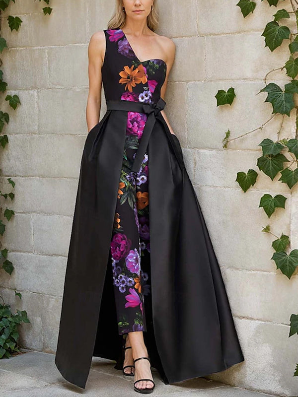 Black One Shoulder Satin Sleeveless Printed Jumpsuit