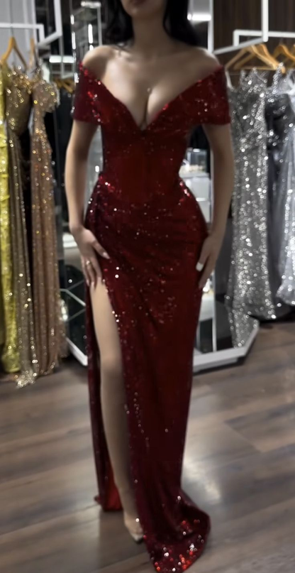 Sexy Off The Shoulder Sequin Evening Dress Burgundy Slit Party Gown S203