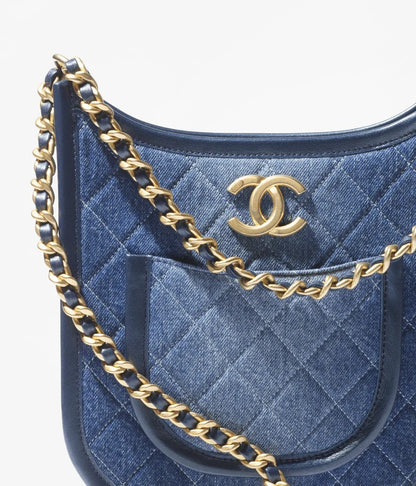 Chanel HOBO HANDBAG Washed Denim & Gold-Tone Metal Blue