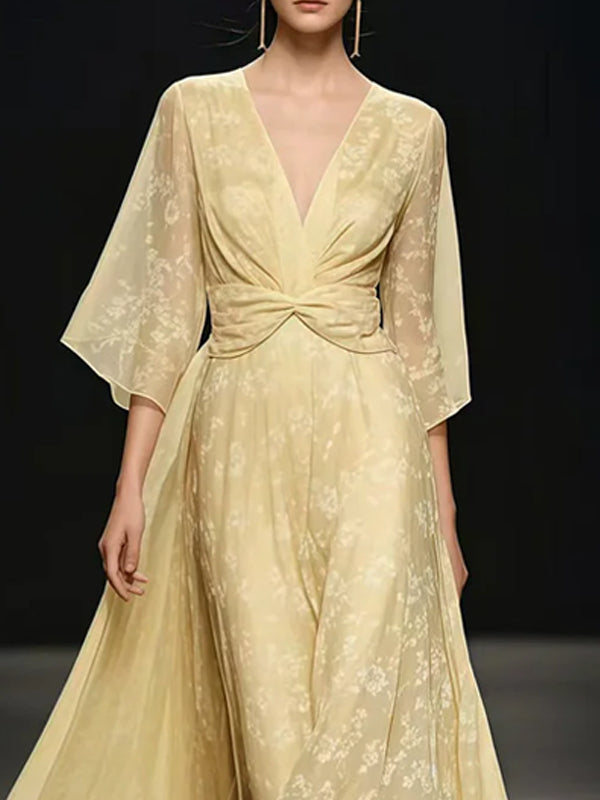 Fashionable Light Yellow Waisted Chiffon Maxi Skirt With Oversized Hem