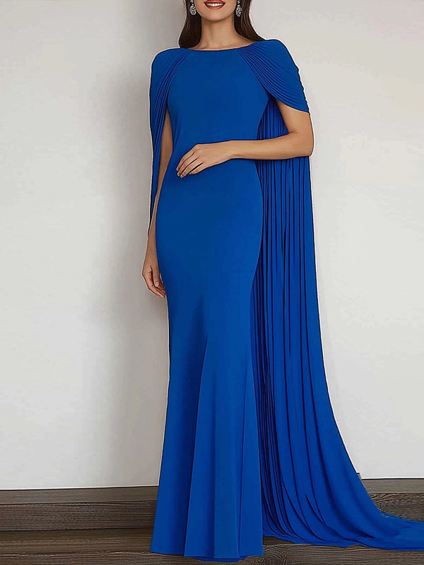 Evening Formal Dress Blue Round Neck Cape Mermaid Floor-Length Gown