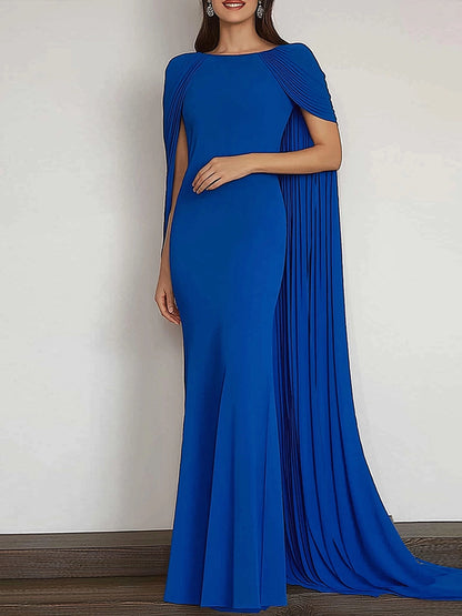 Evening Formal Dress Blue Round Neck Cape Mermaid Floor-Length Gown