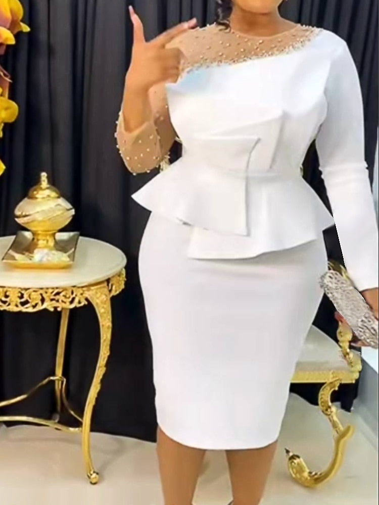 loveedsTM-Women White Party Dress Sexy Long Sleeve Beading Mesh Patchwork Peplum Elegant Knee Length Christmas Event Evening African Gowns