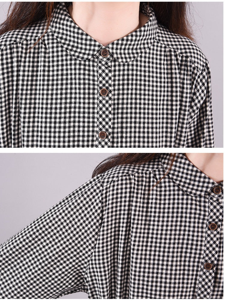 loveedsTM- Dresses for Women Loose Stitching Cotton and Linen Plaid Long-sleeved Dress Women's Lace-up Waist Midi Skirt  Elegantly