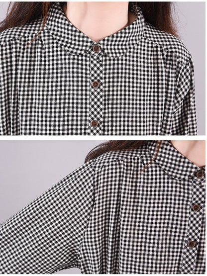 loveedsTM- Dresses for Women Loose Stitching Cotton and Linen Plaid Long-sleeved Dress Women's Lace-up Waist Midi Skirt  Elegantly