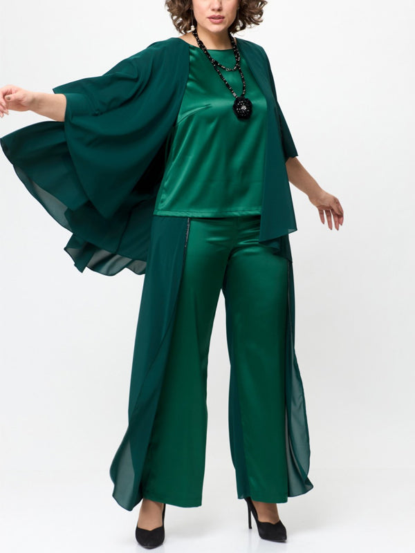 Round Neck Solid Color Chiffon Top And Trousers Suit