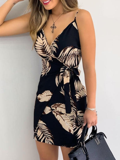 loveedsTM-Tropical Print V-Neck Wrap Casual Dress Women Sleeveless Summer Holiday Mini Dress