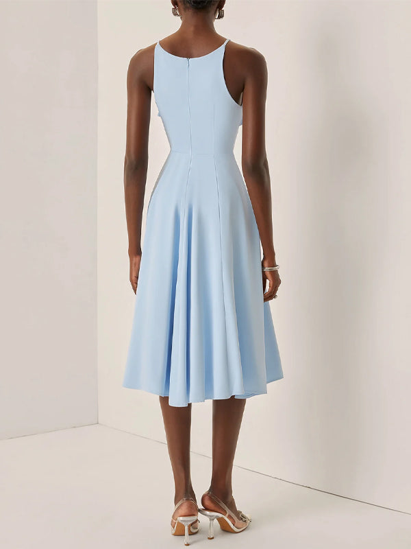 Light Blue Peplum Classic Spaghetti Sleeveless A-Line Midi Dress