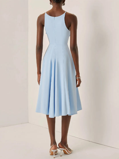 Light Blue Peplum Classic Spaghetti Sleeveless A-Line Midi Dress