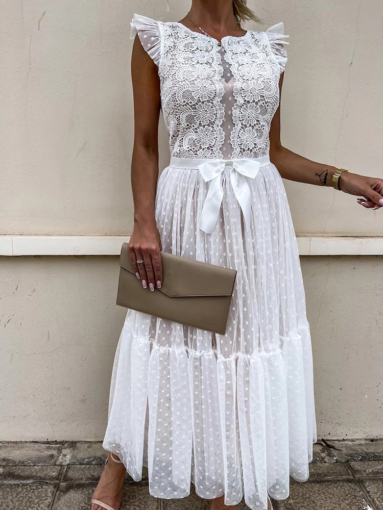 loveedsTM- Women Elegant V Neck Lace Patchwork Solid Party Dress Sexy Sleeveless Lady Summer Mesh Ruffle Dress Cute Princess Lace-Up Dress