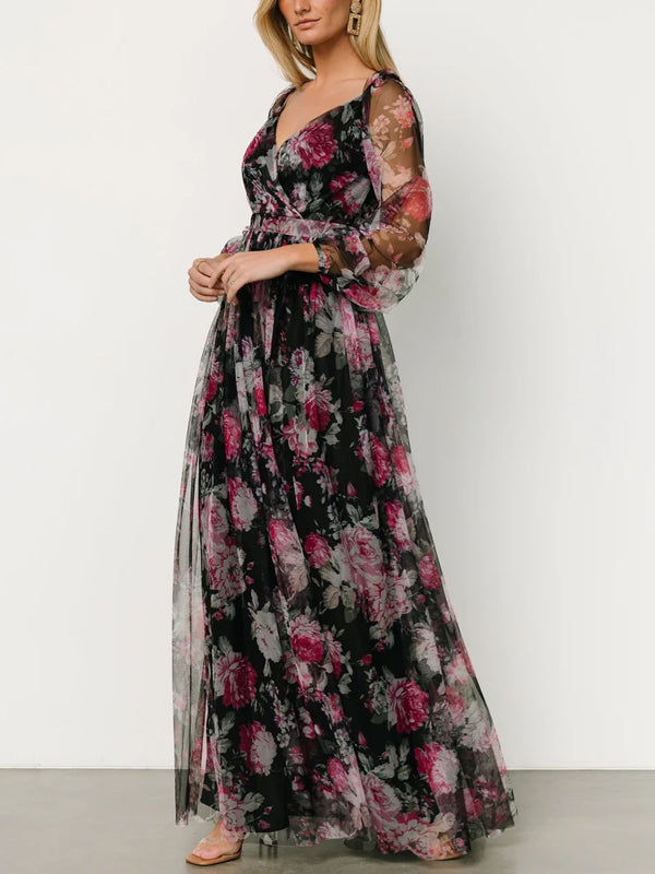 V-neck Long Sleeve Print Maxi Dress
