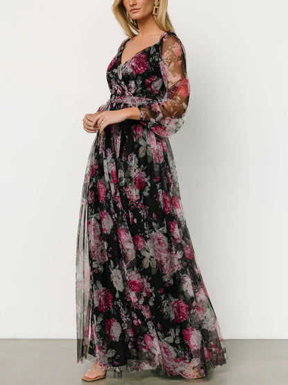 V-neck Long Sleeve Print Maxi Dress