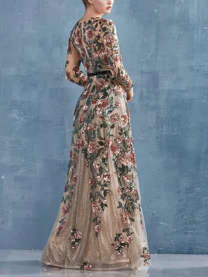 Lace Long Sleeve Printed Maxi Dresses