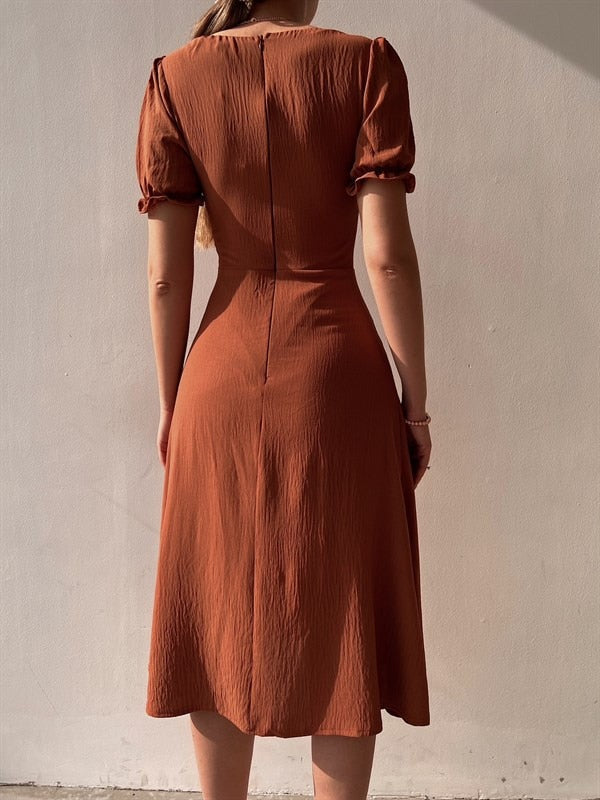 loveedsTM- Sexy Square Collar Single Breasted Bodycon Midi Dress Women New Solid Color Puff Sleeve Split Summer Package Hip Party Vestidos