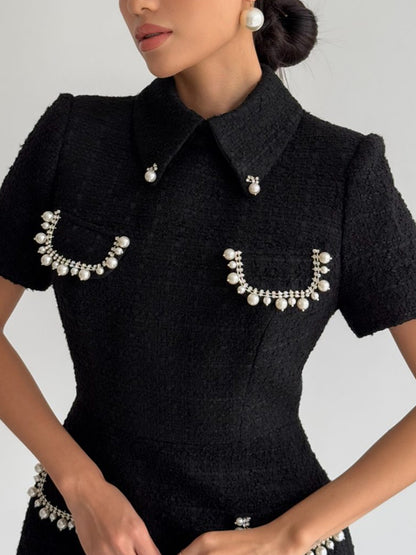 Lapel Tweed Pearl Decoration Women's Dress