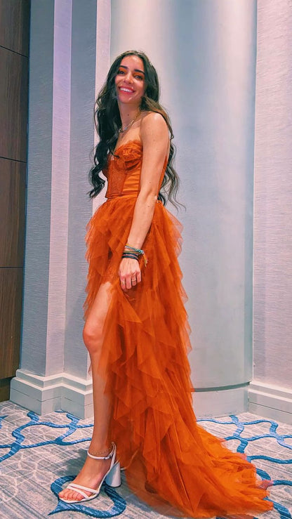 PM547,Rust Red Lace Tulle Prom Evening Dresses, Charming Sweetheart Rust Tiered Long Prom Dress with Slit
