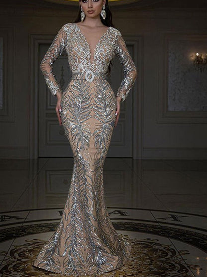 loveedsTM-Women Luxury Gilding Sequins Long Dresses V-Neck Long Sleeve Bodycon Fishtail Maxi Dress Summer Lady Elegant Party Evening Dress