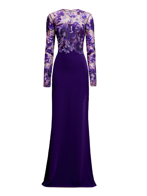 Round Neck Mesh Sequin Solid Color Maxi Dress