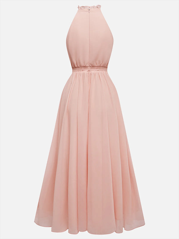 Halter Neck Chiffon Solid Color Midi Dress