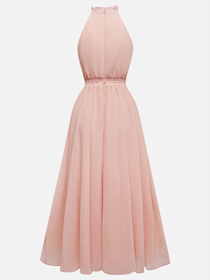 Halter Neck Chiffon Solid Color Midi Dress
