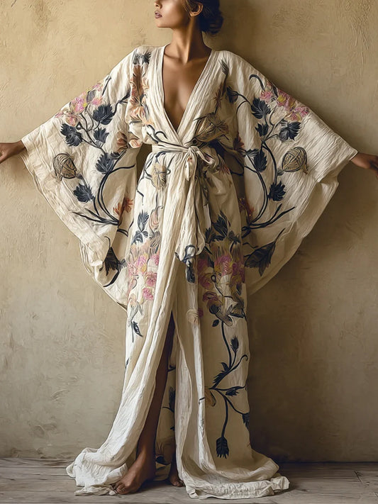 Beige Cotton And Linen Printed Robe Dress
