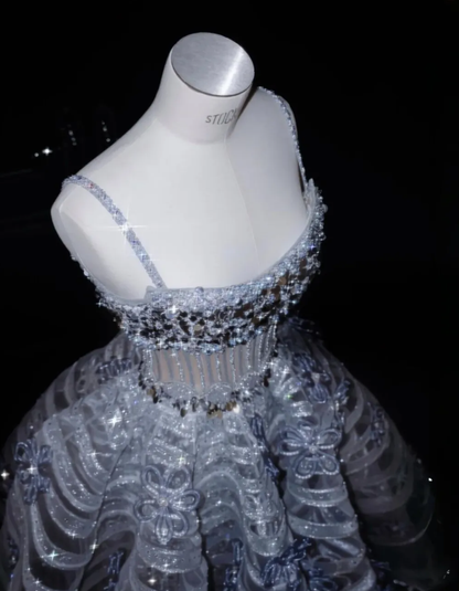 Exquisite Appliques Ball Gown Spaghetti Strap Sequin Grey Tulle Prom Dress Evening Dress Party Dress SH3616