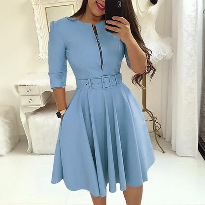 loveedsTM- Elegant Women Solid Half Sleeve Party Dress Autumn Casual Zipper Knee-length Midi Dresses Ladies Big Swing Club Dress Vestidos