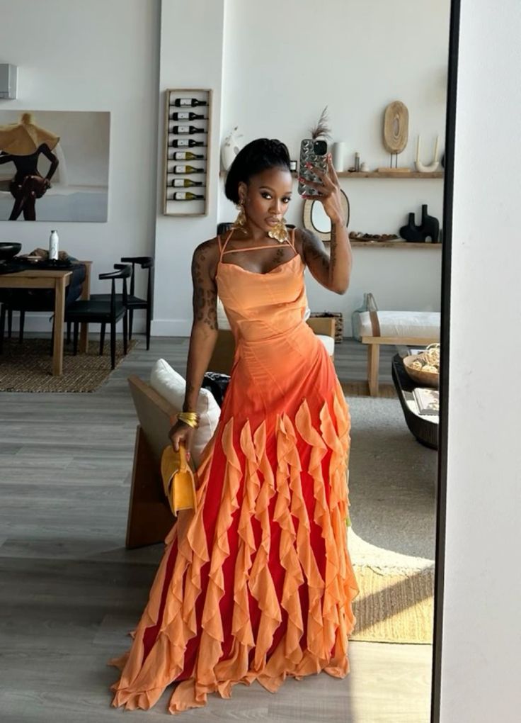 Pink/Orange/Green Gradient Spaghetti Straps Fashion Elegant Long Ruffle Chiffon Ball Gown Evening Dress Party Dress gh3252