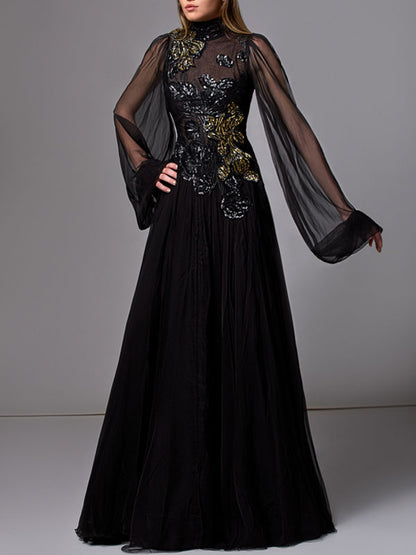 Sequined Long-sleeved Tulle Gown