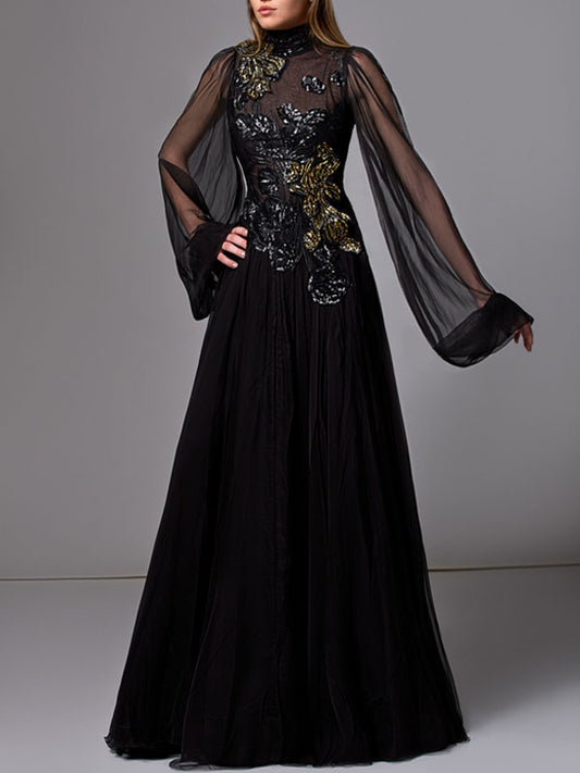 Sequined Long-sleeved Tulle Gown