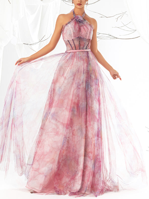 Halter Neck Elegant Tie-dyed Mesh Women's Dress