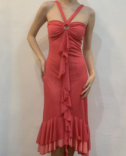 Coral orange fashion sling ruffle long chiffon elegant ball gown evening dress party dress gh3240