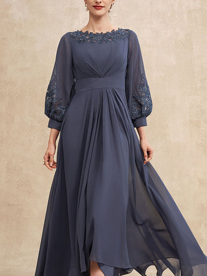 A-Line Scoop Neck Asymmetrical Chiffon Mother of the Bride Dress With Ruffle Appliques Lace