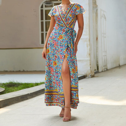 loveedsTM-Summer Vacation Holiday Dress Boho Green Printed Sashes Ruffles Bohemian Midi Dress V-Neck Irregular Short Sleeve Sundress
