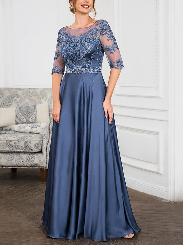 Round Neck Lace Solid Color Maxi Dress