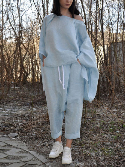 Temperament Bat Sleeve Comfortable Linen Women's Sets