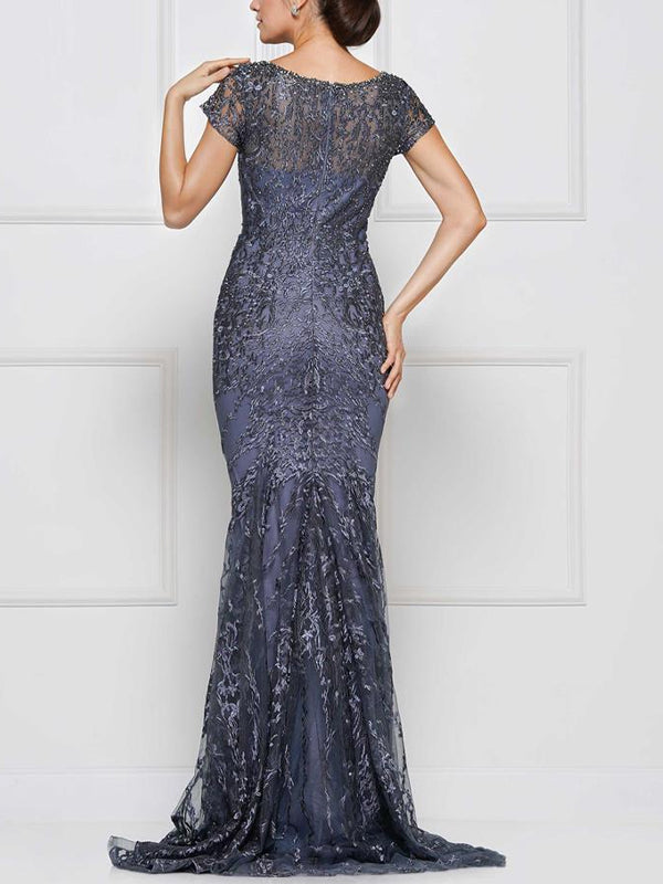 V-neck Short Sleeve Lace Solid Color Maxi Dress