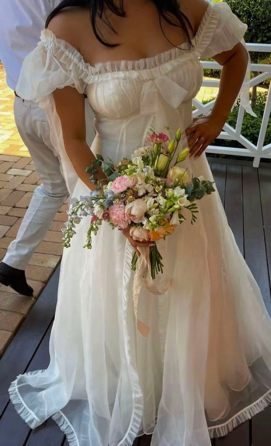 White Cute A Line Puff Organza Long Prom Dress Party Dress Birthday Dress SH3659