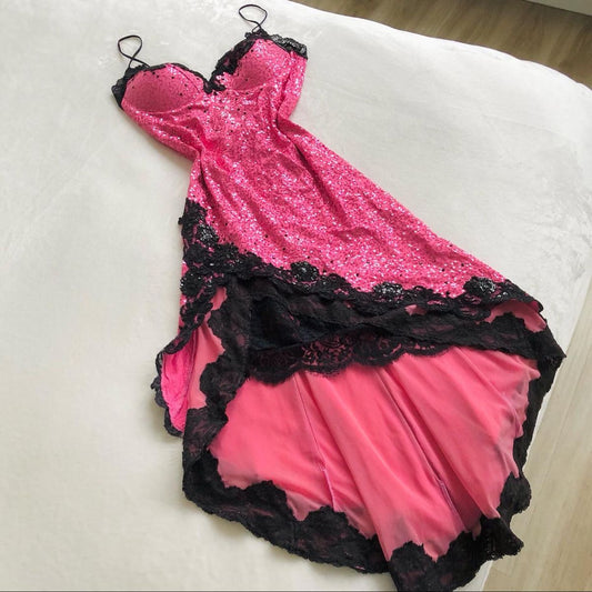 preppydressess-Pink Glitter Lace Spaghetti Strap Short Chiffon Sequin Homecoming Dress Party Gown gh5007